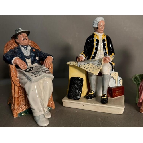 271 - Five Royal Doulton figures to include Captain Cook, Taking Things Easy and a Royal Worcester figure ... 