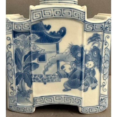 280 - Two ceramic Chinese blue and white tea caddies with foo dogs to lids