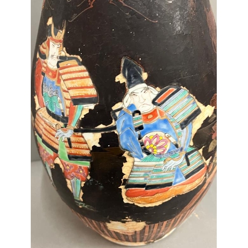 288 - Chinese vase with a paper covering out cut sections to revel warriors and flowers AF H47cm