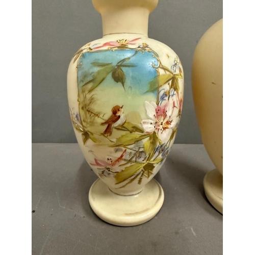 300 - Two Opaque glass vases hand painted with flowers and birds