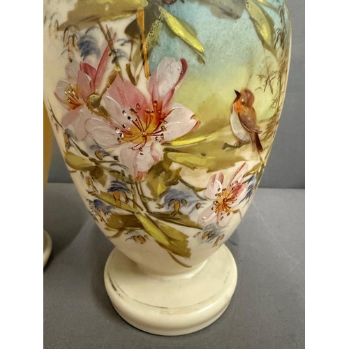 300 - Two Opaque glass vases hand painted with flowers and birds