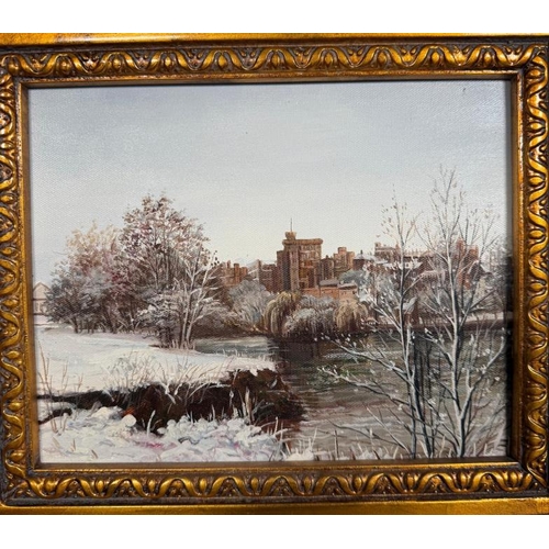 343 - An oil on canvas of a winter Windsor Castle as seen from The Brocas in a heavy gold painted frame 48... 