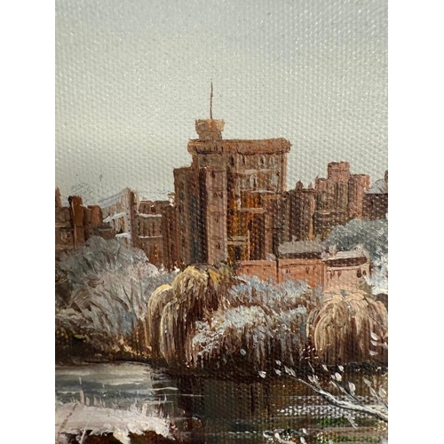 343 - An oil on canvas of a winter Windsor Castle as seen from The Brocas in a heavy gold painted frame 48... 