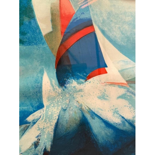 346 - An abstract print in blues and red signed lower right 70cm x 90cm