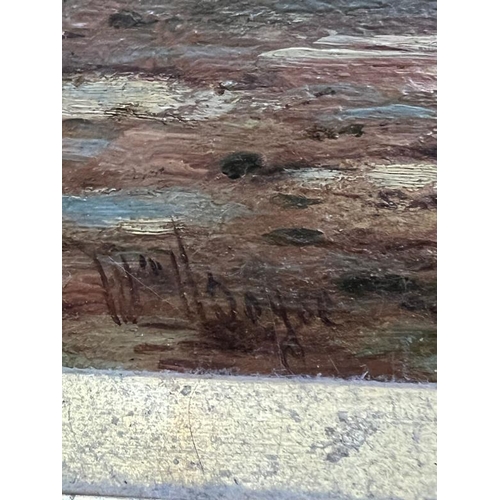 354 - Nautical scene of a ship at low tide with workers, oil on panel signed lower left