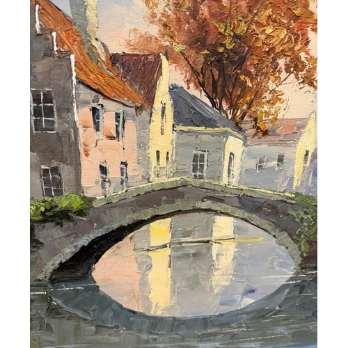 365 - An oil on canvas of a continental canal scene signed lower right 106cm x 75cm