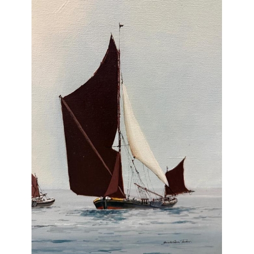 366 - An oil on canvas of a marine scene with two sailing boats signed lower right 90cm x 75cm