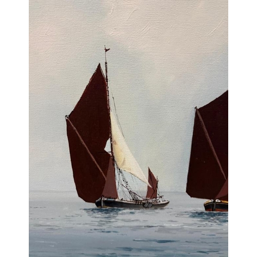 366 - An oil on canvas of a marine scene with two sailing boats signed lower right 90cm x 75cm