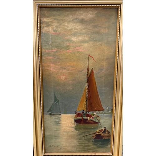 369 - An oil on canvas of boats at sea, signed and dated M.A.Morgan 1921 lower left and a water colour of ... 