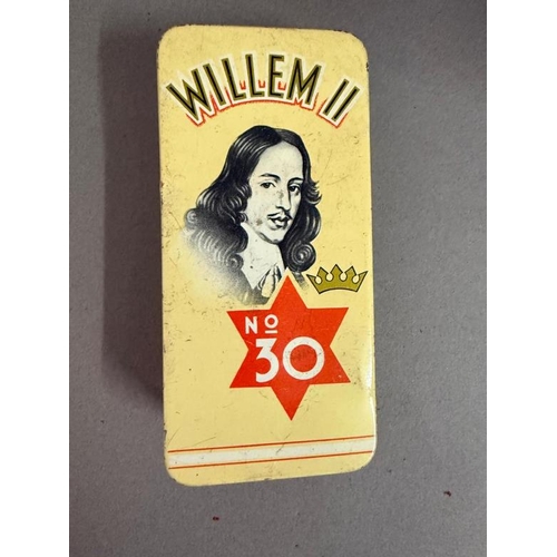 399 - A tin money box in the form of a US Mail post box and a vintage Willem II cigar tin