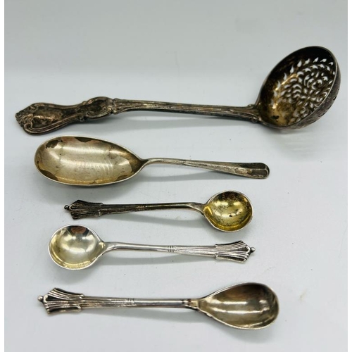 466 - A selection of hallmarked silver spoons, to include, mustard, salt, sugar sifter, various makers and... 