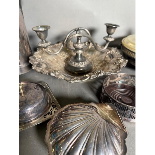 478 - A quantity of silver plate and white metal items to include serving dish, kettle and a candelabra