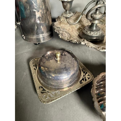 478 - A quantity of silver plate and white metal items to include serving dish, kettle and a candelabra