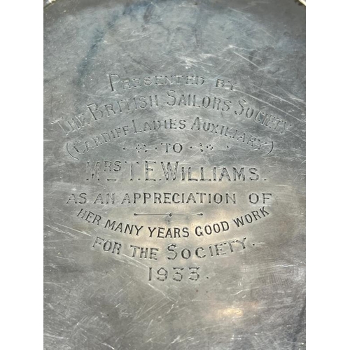 504 - An engraved silver tray on three hoof feet,by Adie Brothers Ltd Birmingham 1932 approximate weight 1... 