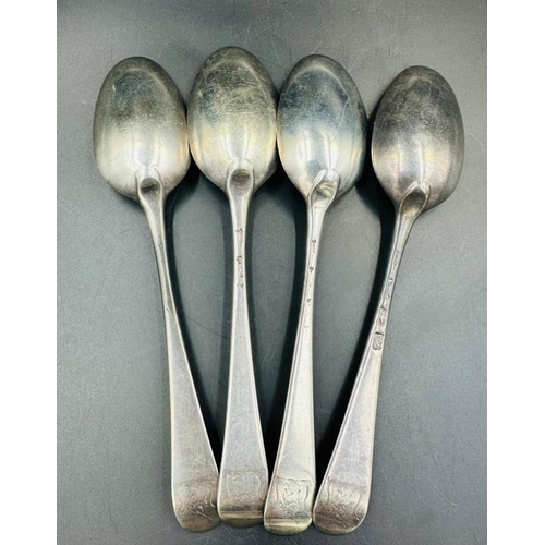 508 - A set of four silver hallmarked English dessert spoons, London 1762, approximate weight 140g.