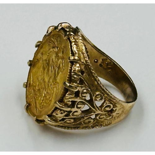 556 - An 1897 sovereign ring in a 9ct gold ornate mount, approximate size S and weight 16.1g