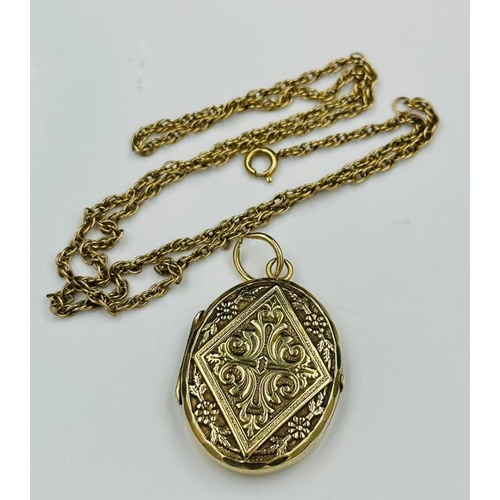 569 - A 9ct decorative gold locket, approximate weight 11.1g, on a 9ct gold necklace, approximate weight 5... 