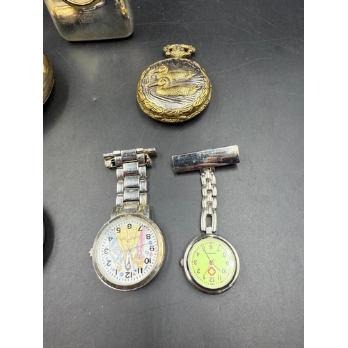 656 - A selection of time pieces to include nurses fob watches, pocket watches and a desk clock