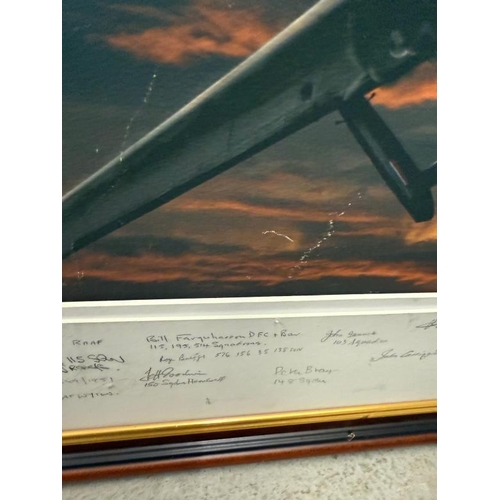 788 - A partial framed (no glass) print of a Lancaster Bomber print signed by RAF veterans including four ... 