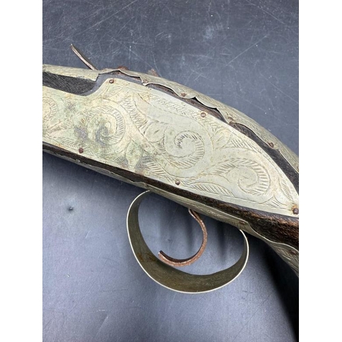 791 - A rat tail reproduction Albanian flintlock pistol with etched white metal decoration