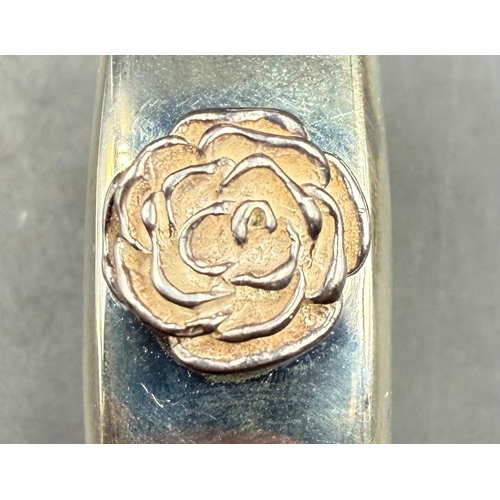 500B - A silver rose topped perfume bottle with funnel marked 925, approximate total weight 39g