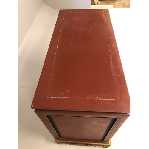 42 - Chinese wedding cabinet of red and gold lacquer, the front panels and doors profusely carved in pier... 