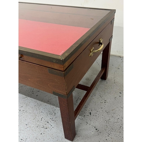13 - Miliary campaign style coffee table with glass top and brass corner fittings H49cm W100cm D59cm