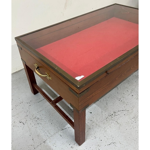 13 - Miliary campaign style coffee table with glass top and brass corner fittings H49cm W100cm D59cm