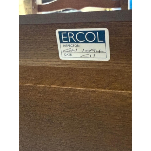 142 - An extendable dark Ercol dining table and four slat back chairs with red upholstered seats H73cm W15... 