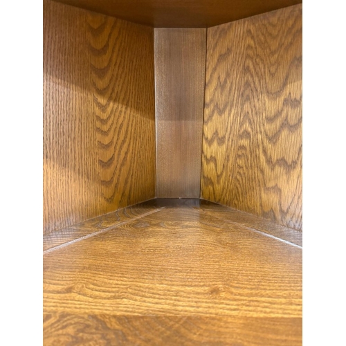 148 - A dark Ercol free-standing corner cabinet with three shelves over a single door cupboard H184cm W72c... 