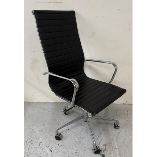 155 - A chrome and black faux leather office chair in the manner of Herman Miller Eames