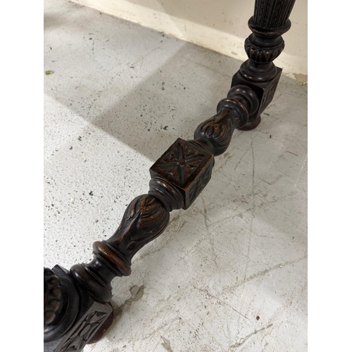 170 - A Belgian oak heavily carved writing table in the Henry II style with drawers flanked by lion head a... 