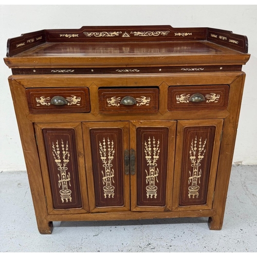 173 - A Chinese sideboard or server with bone inlay, comprising of three short drawers over two door cupbo... 