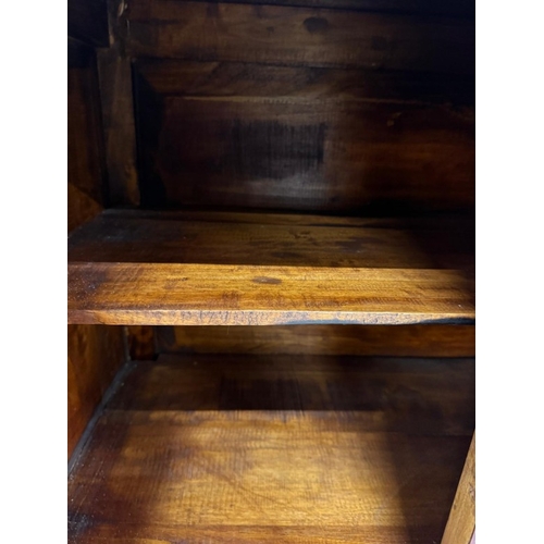 2 - A Chinese style hall cabinet with two cupboards, red grounds and decorated with green and gilt flowe... 