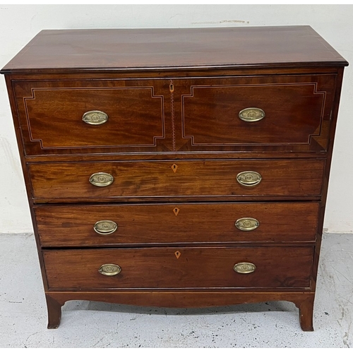 34 - Secretaire chest of drawers, the large top drawer drops down to a fitted interior and string inlay H... 