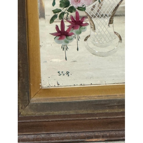 199 - An Edwardian etched and florally painted wall mirror signed lower right S.S.B 55cm x 86cm