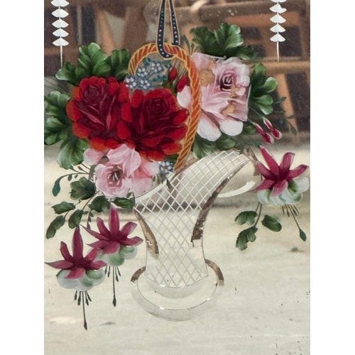 199 - An Edwardian etched and florally painted wall mirror signed lower right S.S.B 55cm x 86cm