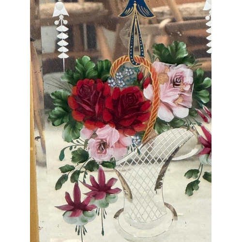 199 - An Edwardian etched and florally painted wall mirror signed lower right S.S.B 55cm x 86cm