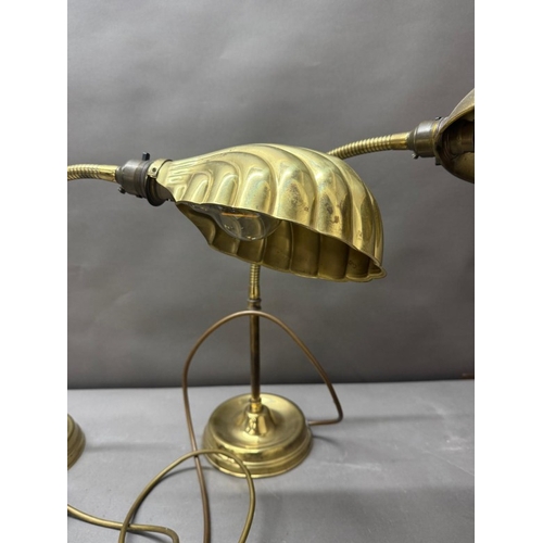 212 - Two brass swan neck desk lamps, one with scallop shell shade