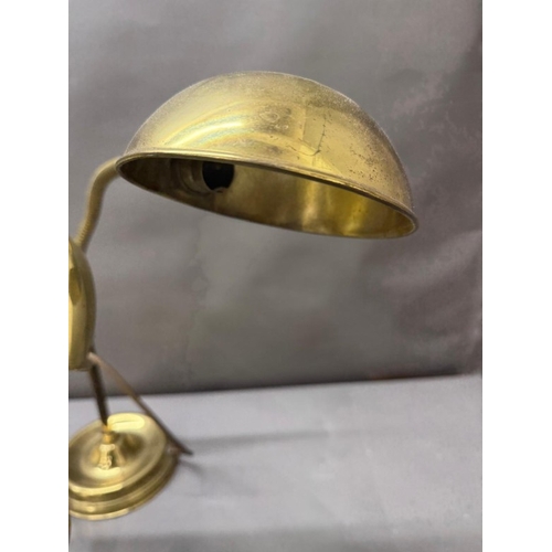 212 - Two brass swan neck desk lamps, one with scallop shell shade