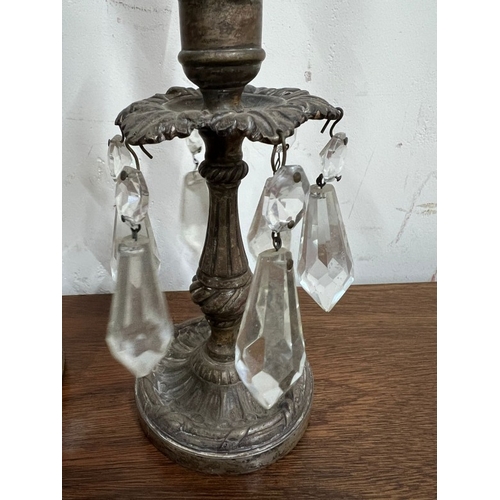 214 - A pair of brass lamps with glass crystal droplets on each leaf AF