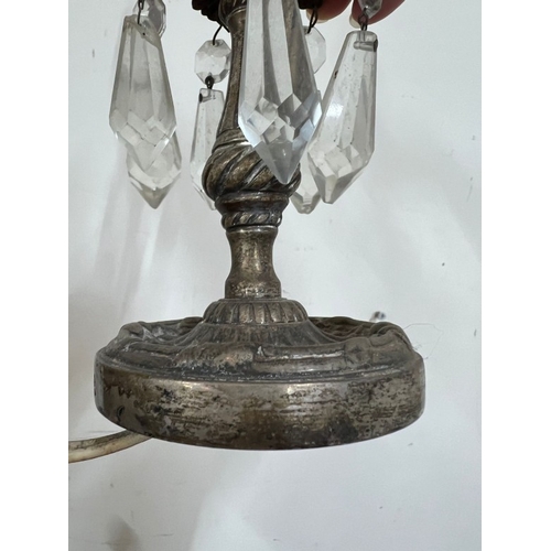 214 - A pair of brass lamps with glass crystal droplets on each leaf AF