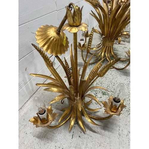 216 - Three metal gilt chandeliers, two with wheat grass theme H52cm