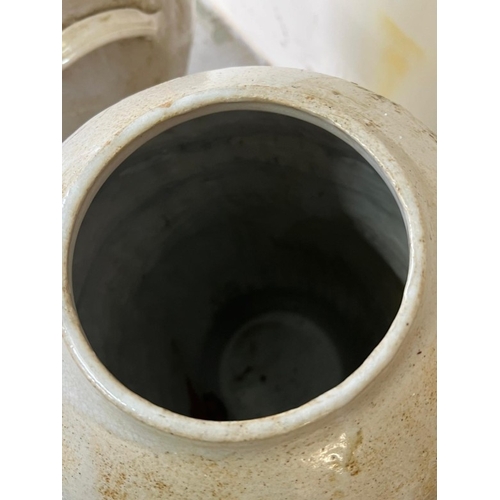 283 - A pair of stoneware jars, white glazed with side handles, wooden tops for dispensing AF