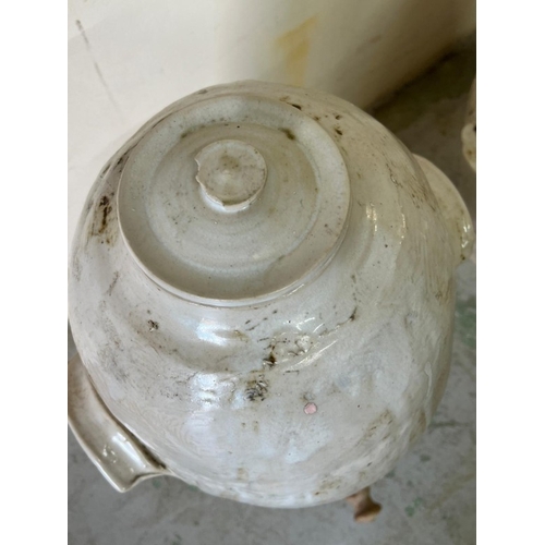 283 - A pair of stoneware jars, white glazed with side handles, wooden tops for dispensing AF