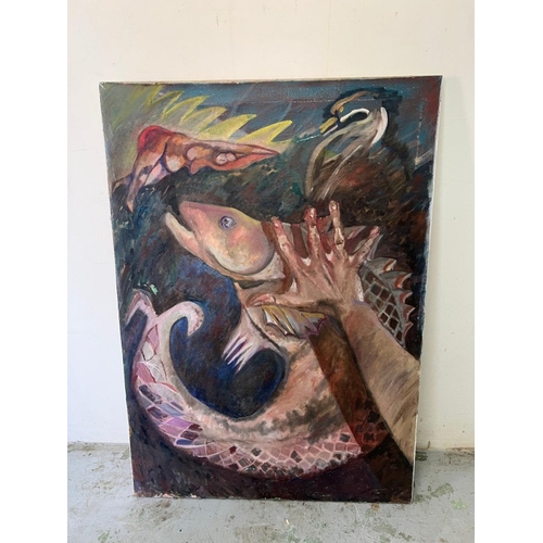365 - A contemporary oil on canvas of a central fish being grasped by a human hand 31cm x 111cm