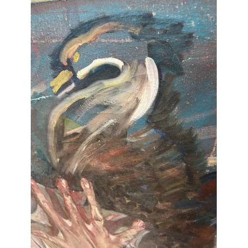 365 - A contemporary oil on canvas of a central fish being grasped by a human hand 31cm x 111cm