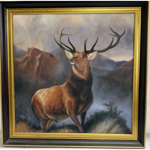 369 - A printed impressive contemporary picture of a stag, black ebonised frame. 94cm sq.