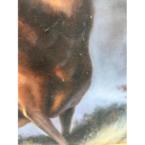 369 - A printed impressive contemporary picture of a stag, black ebonised frame. 94cm sq.