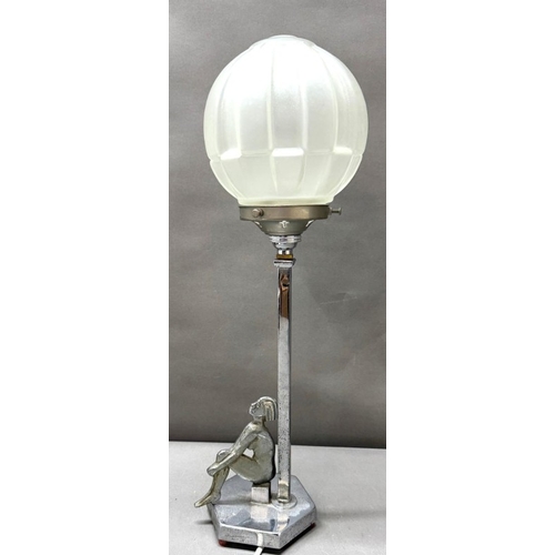 372 - An Art Deco figural lamp chrome plated base and figure with frosted glass shade